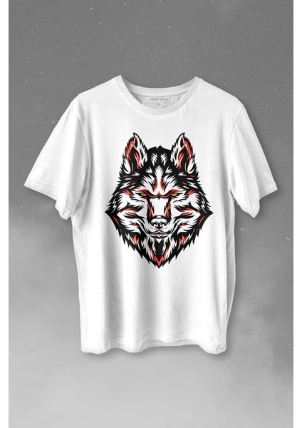Kurt Kafası Wolf Head Bozkurt Kırmızı Gözlü Baskılı Tişört T-Shirt Beyaz