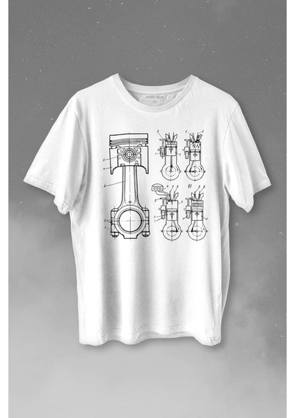 Motor Pistonu Motosiklet Teknik Çizim Grafik Baskılı Tişört T-Shirt Beyaz