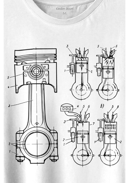 Motor Pistonu Motosiklet Teknik Çizim Grafik Baskılı Tişört T-Shirt Beyaz fiyatları