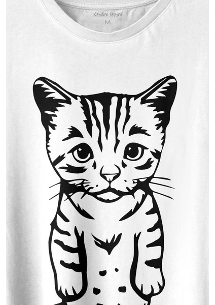 Sevimli Minik Patili Bıyıklı Cat Minnoş Mahçup Üzgün Kedi Baskılı Tişört T-Shirt Beyaz fiyatları