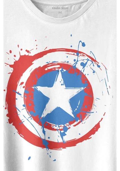 Captain America Kaptan Amerika Kalkan Logo Baskılı Tişört T-Shirt Beyaz