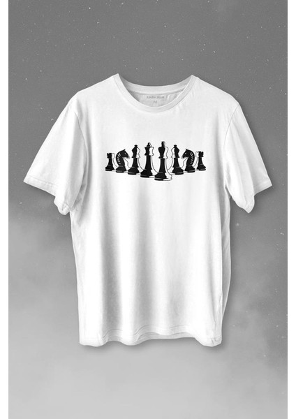 Satranç Taşları Takımı Şah Vezir Fil Kale Santranç Baskılı Tişört T-Shirt Beyaz