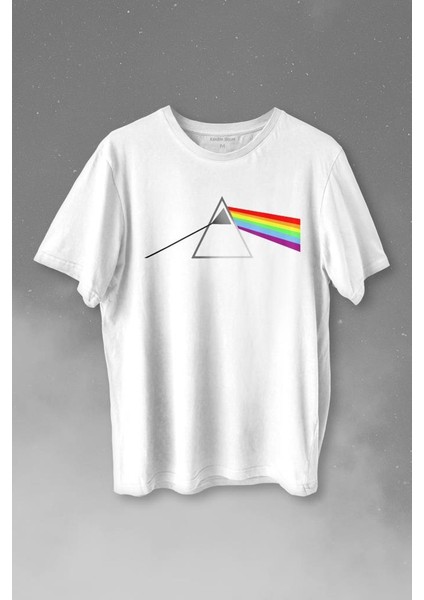 Pink Floyd Prizma Kırılan Işık Tayfı Gök Kuşağı Renkleri Baskılı Tişört T-Shirt Beyaz