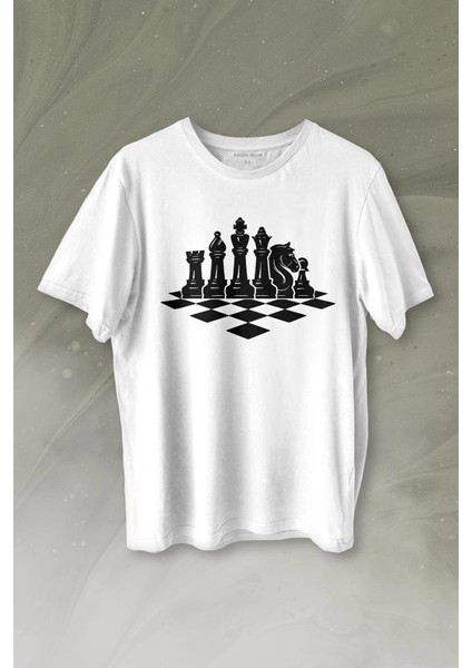 Satranç Zeka Strateji Oyunu Santranç Tahtası Baskılı Tişört T-Shirt Beyaz