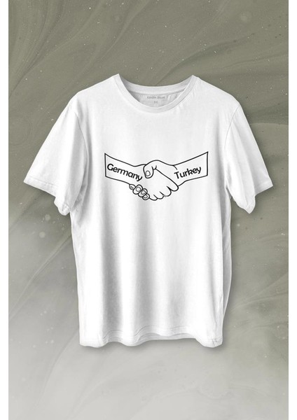 Ülke Dostluk Türkiye Almanya Friends El Tokalaşma Baskılı Tişört T-Shirt Beyaz