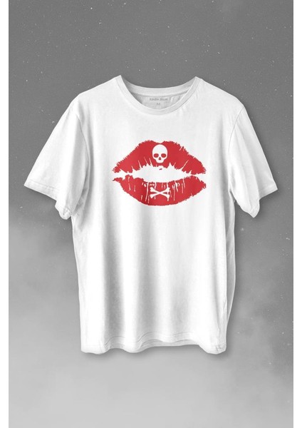 Korsan Skull Kuru Kafa Dudak Öpücük Kiss Me Baskılı Tişört T-Shirt Beyaz