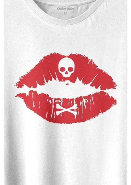 Korsan Skull Kuru Kafa Dudak Öpücük Kiss Me Baskılı Tişört T-Shirt Beyaz fiyatları