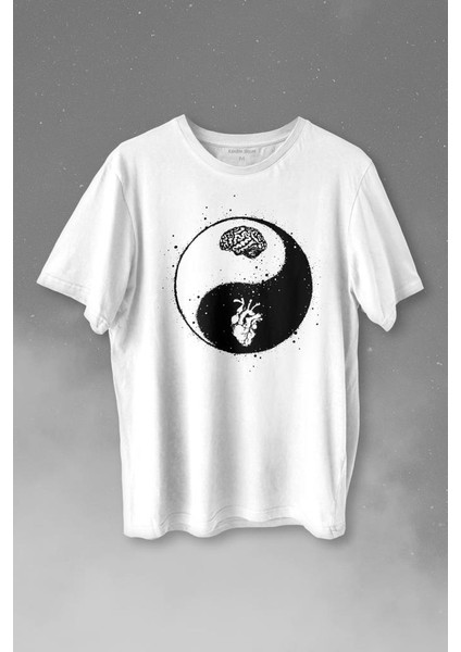 Ying Yang Kalp Beyin Yingyang Aşk Mantık Baskılı Tişört T-Shirt Beyaz