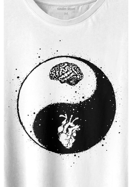 Ying Yang Kalp Beyin Yingyang Aşk Mantık Baskılı Tişört T-Shirt Beyaz