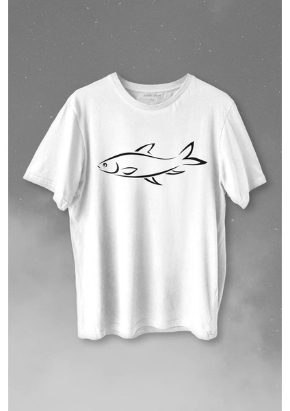 Balık Silüeti Çizimi Fish Vector Baskılı Tişört T-Shirt Beyaz