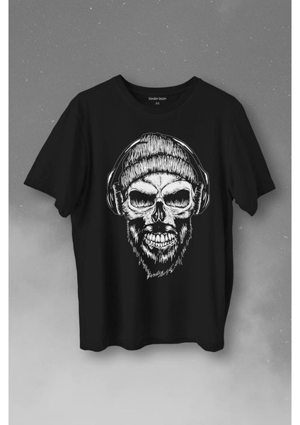 Müzik Dinleyen Bereli Kuru Kafa Kulaklık Bere Skull Listen Music Baskılı Tişört T-Shirt