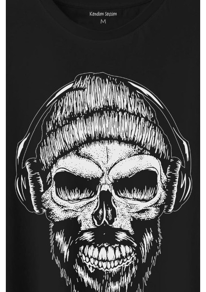 Müzik Dinleyen Bereli Kuru Kafa Kulaklık Bere Skull Listen Music Baskılı Tişört T-Shirt fiyatları