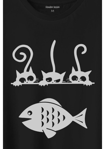 Balık ve 3 Kedi Fish Cats Baskılı Tişört T-Shirt fiyatları
