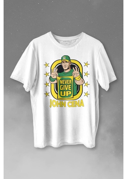 John Cena Wwe Logo Never Give Up Amerikan Güreşi Baskılı Tişört T-Shirt Beyaz