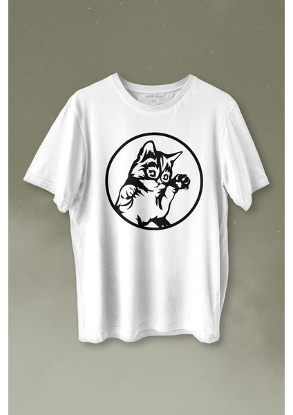Sevimli Kedi Minik Patili Bıyıklı Cat Minnoş Baskılı Tişört T-Shirt Beyaz
