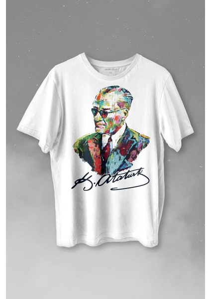 Karizma Gözlüklü Gazi Mustafa Kemal Atatürk Portresi Baskılı Tişört T-Shirt Beyaz