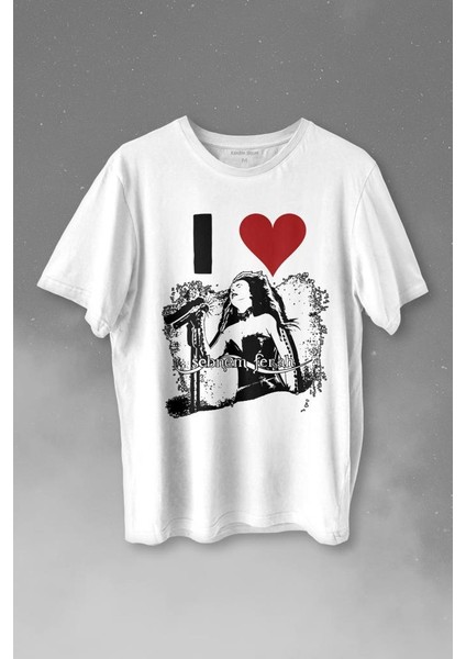 I Love Şebnem Ferah Seviyorum Silüet Baskı Baskılı Tişört T-Shirt Beyaz