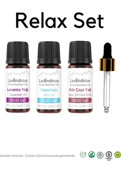 Relax Set 3’lü Uçucu Yağ Aromaterapi Set %100 Saf Ada Çayı Yağı, Nane Yağı, Lavanta Yağı