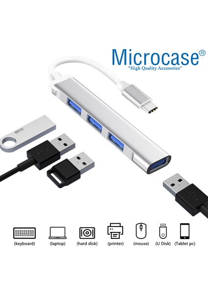 Type-C To USB 3.0 4 Port Çoklayıcı Hub Aluminyum Slim Kasa - AL3049