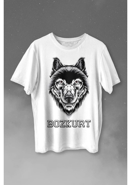 Kırmızı Gözlü Vahşi Kurt Kafası Wolf Head Bozkurt Baskılı Tişört T-Shirt Beyaz