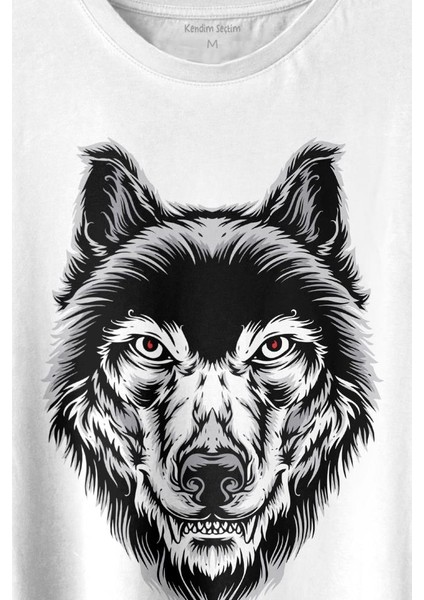 Kırmızı Gözlü Vahşi Kurt Kafası Wolf Head Bozkurt Baskılı Tişört T-Shirt Beyaz fiyatları