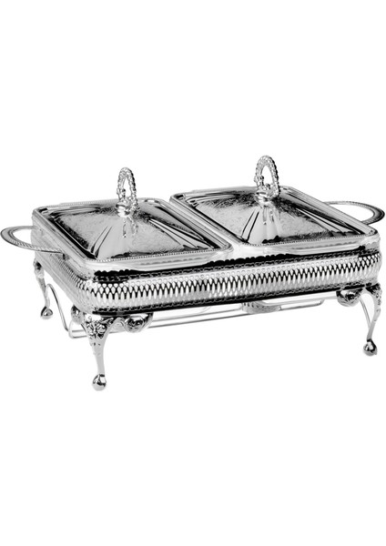 Ingiliz Gümüşü Iki Bölmeli Isıtıcılı Yemek Servislik 41 x 28 x 19 cm