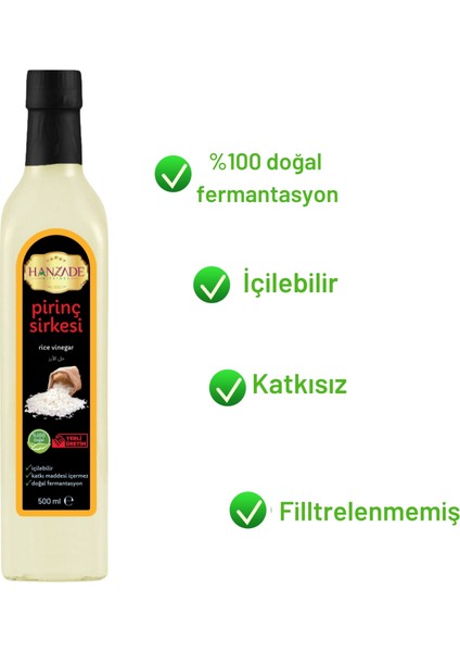 Hanzade Bitkisel Pirinç Sirkesi Doğal Fermantasyon İçilebilir Katkısız Cam Şişe 2 x 500 ml