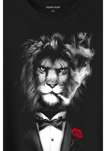 Sigara Içen King Suit Aslan Kafası Baskılı Tişört Unisex T-Shirt