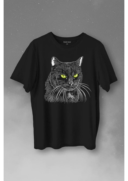 Siyah Kedi Yeşil Gözlü Black Cat Çizim Baskılı Tişört Unisex T-Shirt