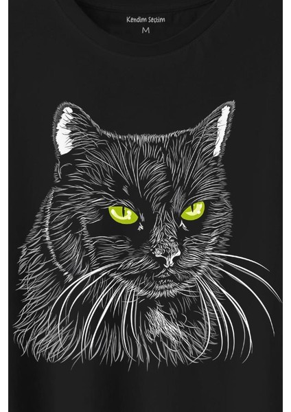 Siyah Kedi Yeşil Gözlü Black Cat Çizim Baskılı Tişört Unisex T-Shirt fiyatları