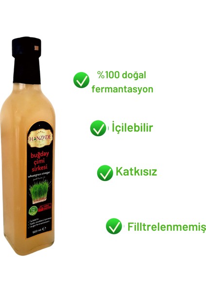 Hanzade Bitkisel Buğday Çimi Sirkesi Doğal Fermantasyon İçilebilir Katkısız Cam Şişe 2 x 500 ml