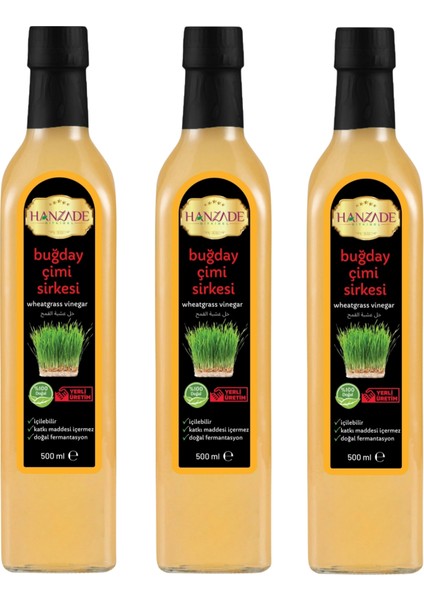 Buğday Çimi Sirkesi Doğal Fermantasyon İçilebilir Katkısız Cam Şişe 3 x 500 ml