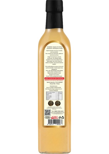 Buğday Çimi Sirkesi Doğal Fermantasyon İçilebilir Katkısız Cam Şişe 3 x 500 ml