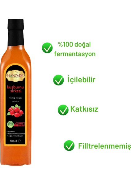 Hanzade Bitkisel Kuşburnu Sirkesi Doğal Fermantasyon İçilebilir Katkısız Cam Şişe 3 x 500 ml