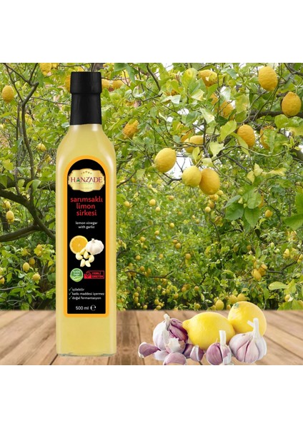 Hanzade Bitkisel Sarımsaklı Limon Sirkesi Doğal Fermantasyon İçilebilir Katkısız Cam Şişe 2 x 500 ml