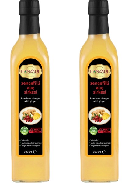 Zencefilli Alıç Sirkesi Doğal Fermantasyon İçilebilir Katkısız Cam Şişe 2 x 500 ml