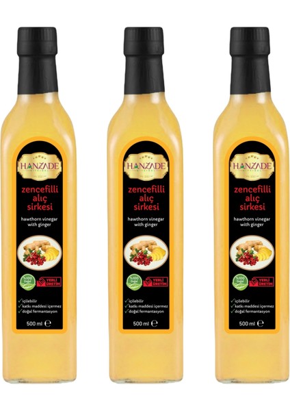 Zencefilli Alıç Sirkesi Doğal Fermantasyon İçilebilir Katkısız Cam Şişe 3 x 500 ml