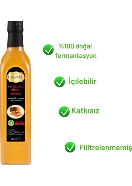 Hanzade Bitkisel Zerdeçallı Elma Sirkesi Doğal Fermantasyon İçilebilir Katkısız Cam Şişe 2 x 500 ml