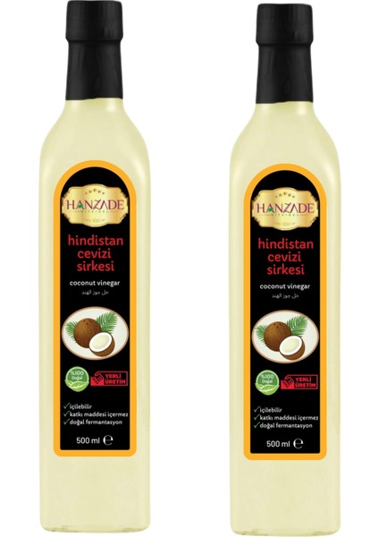 Hindistan Cevizi Sirkesi Doğal Fermantasyon İçilebilir Katkısız Cam Şişe 2 x 500 ml