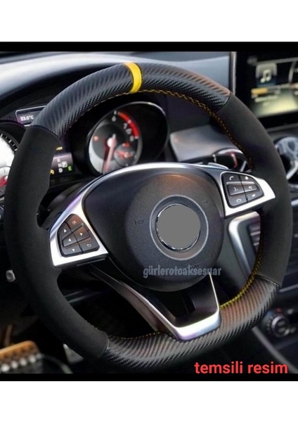 Opel Vectra B Kasa Uyumlu Alkantara-Karbon Dikmeli Direksiyon Kılıfı Sarı Yüzüklü