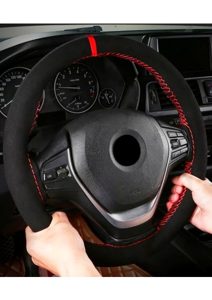 Opel Vectra B Kasa Uyumlu Alkantara Dikmeli Direksiyon Kılıfı Kırmızı Yüzüklü