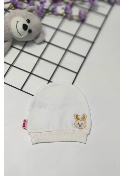 Küçük Tavşan Işlemeli Unisex Bebek Penye Bere Ekru 0-6 Ay