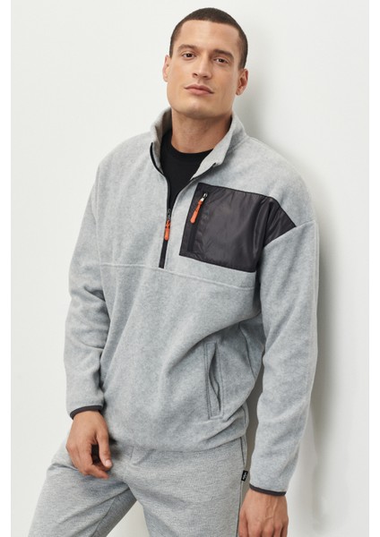 Erkek Gri Melanj Oversize Bol Kesim Dik Bato Yaka Cep Detaylı Fermuarlı Isı Tutan Polar Sweatshirt