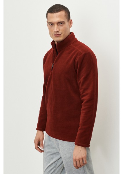 Erkek Bordo Anti-pilling Tüylenme Yapmayan Isı Koruyan Standart Fit Dik Yaka Polar Sweatshirt