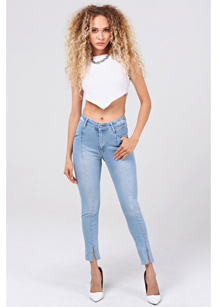 Ön Bölümü Yırtmaçlı Likralı Skinny Jean Pantolon 40164 Buz Mavisi