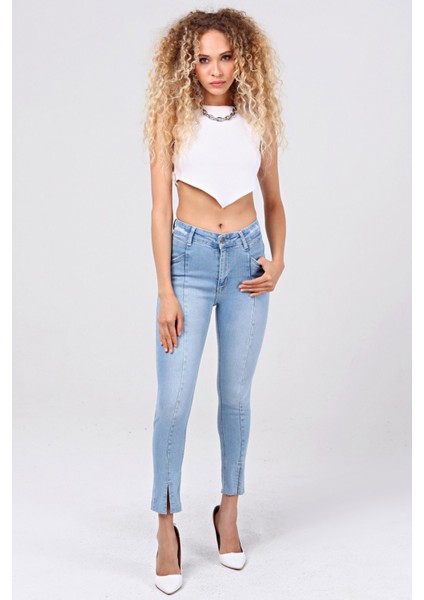 Ön Bölümü Yırtmaçlı Likralı Skinny Jean Pantolon 40164 Buz Mavisi