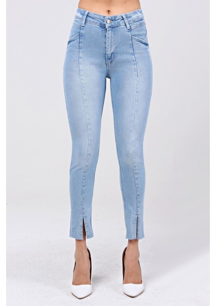 Ön Bölümü Yırtmaçlı Likralı Skinny Jean Pantolon 40164 Buz Mavisi