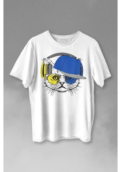 Cat Glasses Gözlüklü Sarı Lacivert Fenerbahçe Kedi Baskılı Tişört T-Shirt Beyaz