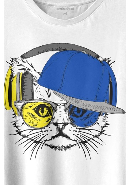 Cat Glasses Gözlüklü Sarı Lacivert Fenerbahçe Kedi Baskılı Tişört T-Shirt Beyaz fiyatları