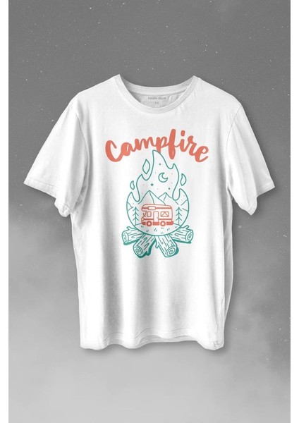 Camping Fire Kamp Ateşi Outdoor Travel Gezgin Baskılı Tişört T-Shirt Beyaz